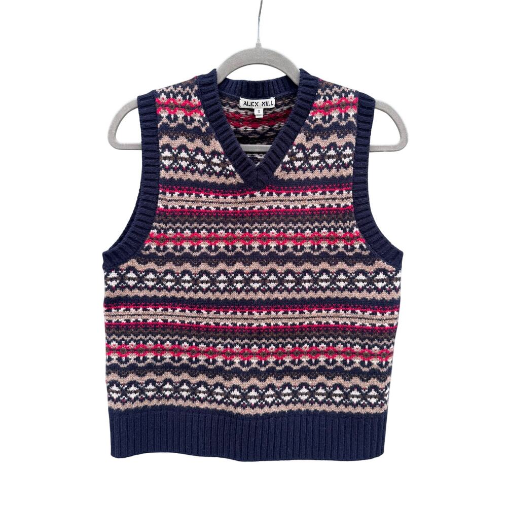 ALEX MILL Fair Isle Sweater Vest Navy Blue Small S